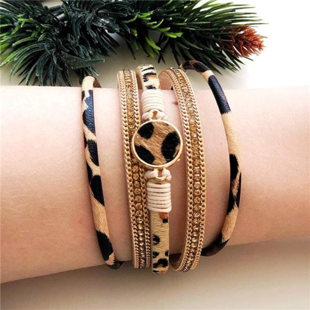 Boho Multi-Layered Leather Wrap Bracelet with Resin Crystal Stone Charms